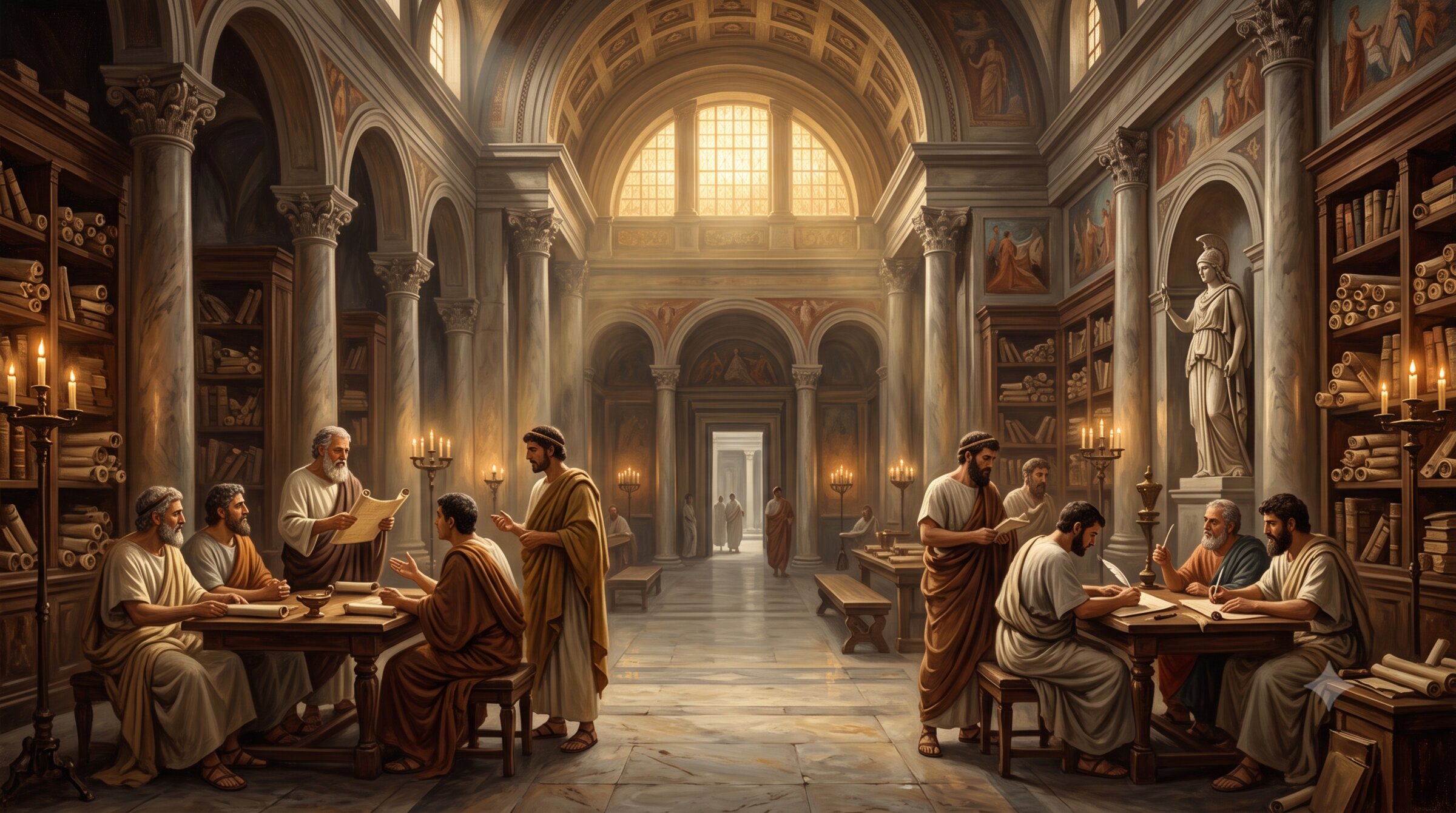 Classical scholars in a candlelit athenaeum